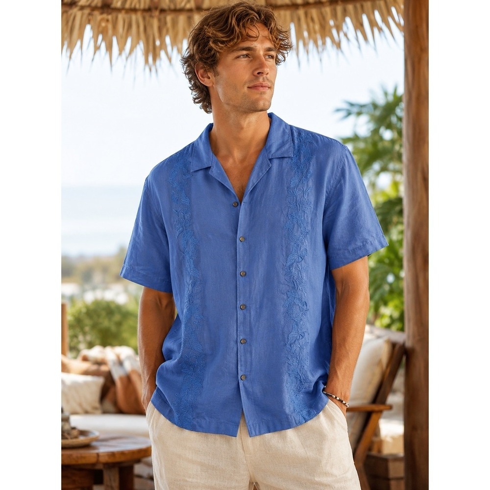Breakwater Mens Large Blue 100%‎ Linen Embroidered Short Sleeve Camp Shirt